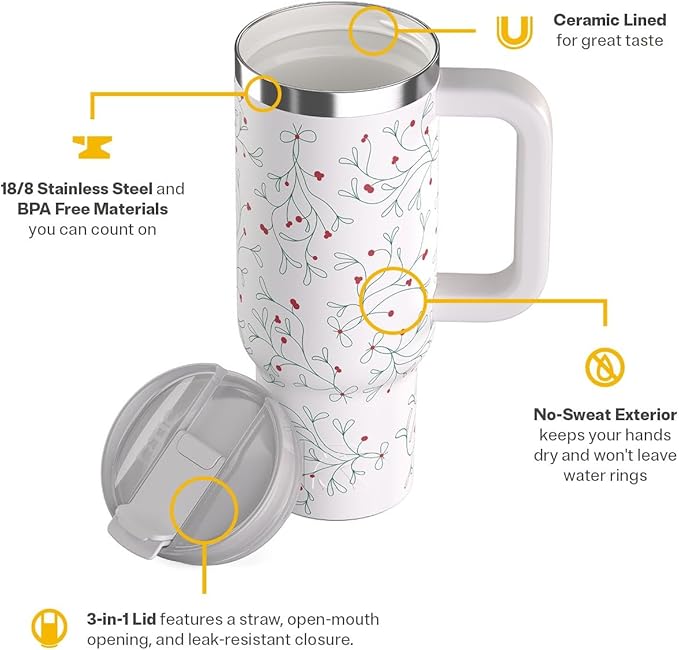 RTIC 30 oz Road Trip Tumbler Double-Walled Ceramic Lined InsulatedStainless Steel Portable Travel Coffee Mug Cup with Lid, Handle and Straw, Mistletoe