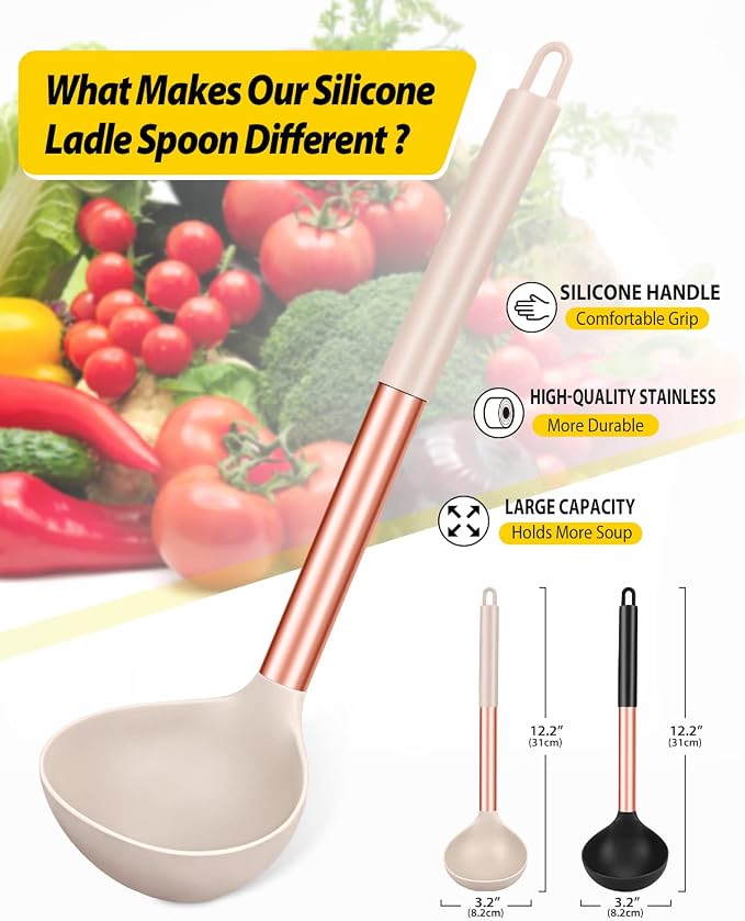 BUNDLEPRO Silicone Ladle Spoons, 2 Pack, Rose Gold Black-Khaki | Non Stick, High Heat Resistant, BPA Free, Kitchen Utensils Ideal for Cooking, Stirring,Serving Soups
