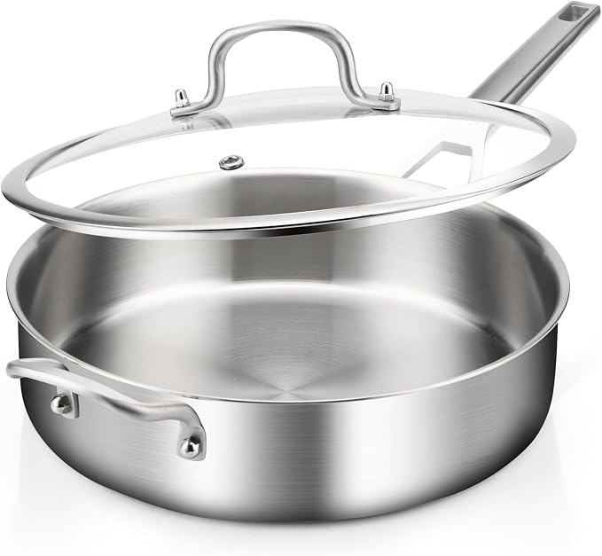 Yeksum 3-Quart Saute Pan with Lid | 10-Inch 3-Ply 18/10 Stainless Steel Deep Fry Pan & Large Skillet, Healthy Non-Toxic Cookware, Oven Safe 600°F & Dishwasher Safe