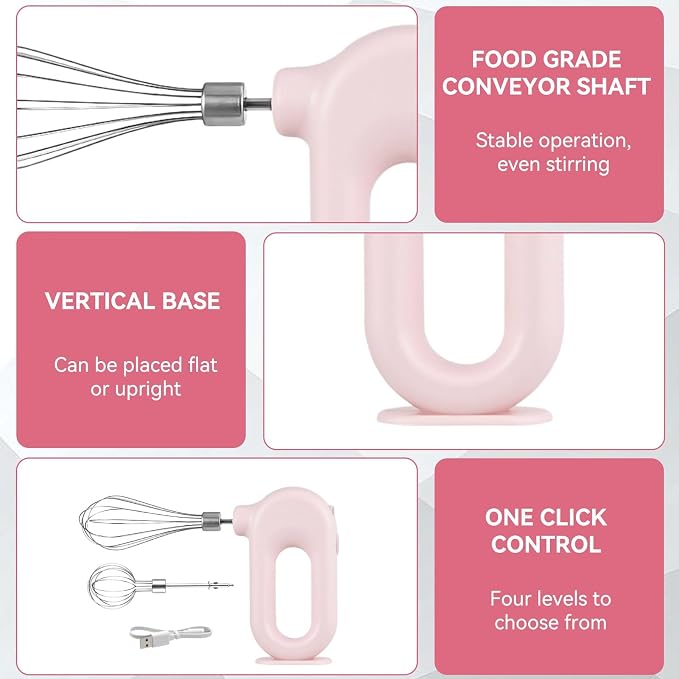 4 Speed Electric Hand Mixer, Mini 4 Speed Adjustable Cordless USB Rechargeable Electric Whisk Hand Mixer Portable Handheld Mixer 1500mAh Egg Beater (Pink)
