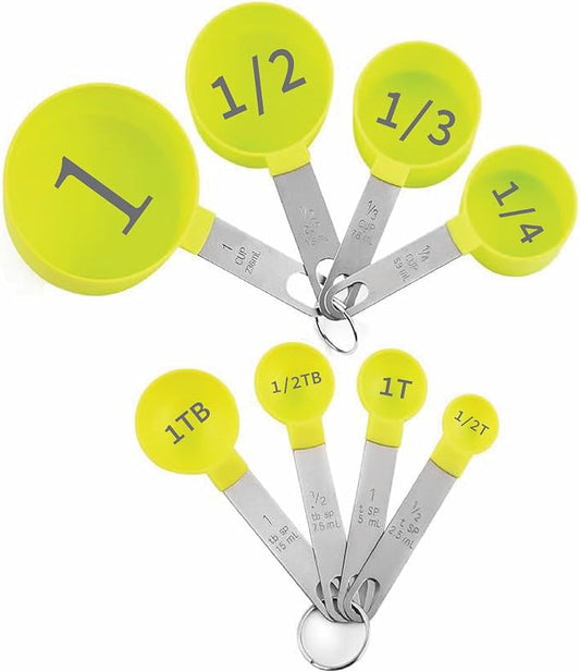 Easy to Read Measuring Cups & Spoons Set for Visually Impaired, Stackable Cups and Spoons, Nesting Measure Cups with Stainless Steel Handle (Green)