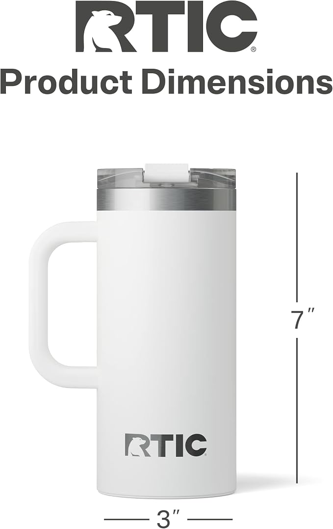 RTIC 16oz Road Trip Travel Mug with Lid and Handle, Ceramic Lined, Insulated, Stainless Steel, Metal, Double Wall Vacuum-Insulation, Portable Coffee, Tea Cup for Hot and Cold Drink, White