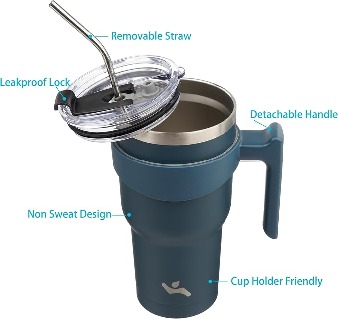 Konokyo 30 oz Tumbler with Handle and Straw, Insulated Travel Mug | Navy Blue; BPA-free, leak-proof tumbler with 2 lids, 2 straws, cup holder fit for coffee, office, travel & daily use