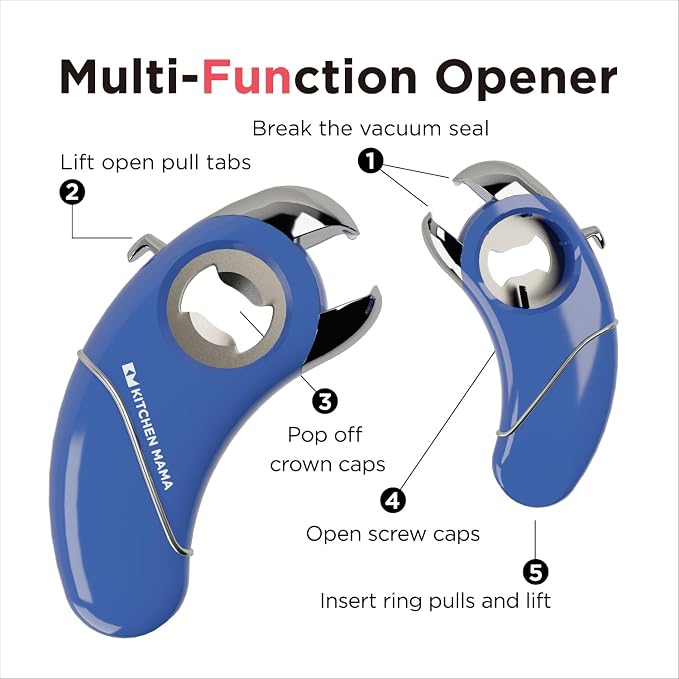 Kitchen Mama Epic One Multifunction Opener, Blue | Magnetic Bottle Opener, Beer Soda Opener, Effortless Jar Lid Opener, For Seniors and Elderly with Weak Hands and Arthritis