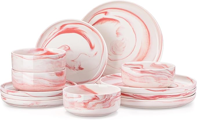 MALACASA 12 Pcs Porcelain Plates and Bowls Sets,Dinnerware Set for 4,Pink | Modern Ceramic Dishware Set,Kitchen Dining Ware,Microwave and Dishwasher Safe,Unique Marble Pink Design,Series LUNA