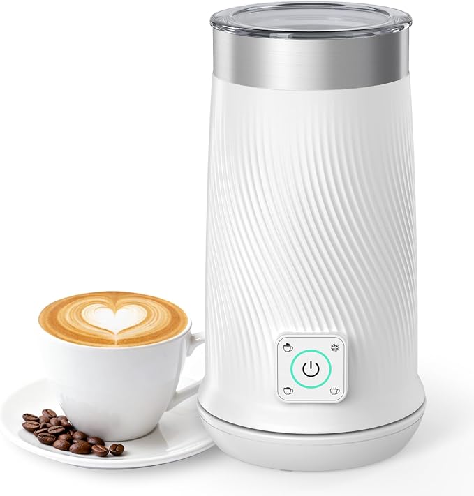 Milk Frother 4-in-1 Electric Milk Steamer, Hot Cold Foam Milk Maker, White | milk frother steamer with hot & cold foam modes 350ml capacity fast frothing for latte cappuccino macchiato & chocolate