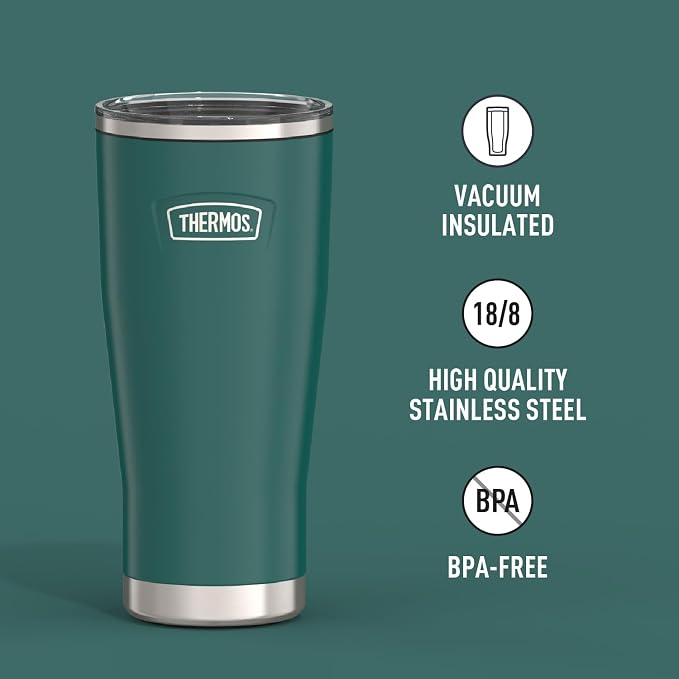 THERMOS Icon Series 24oz Stainless Steel Tumbler with Slide Lock Lid, Leakproof, Fits Cupholder, Dishwasher Safe, Griptec™ Non‑Slip Base, Keeps Drinks Hot 6 Hrs/Cold 22 Hrs, Spruce