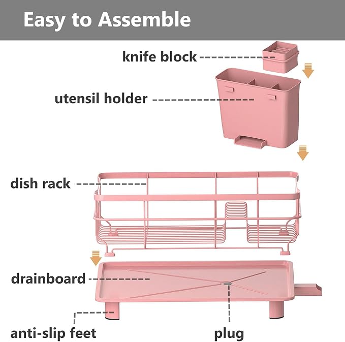 AIDERLY Auto Drain Metal Dish Drying Rack Dish Drainers, Pink | with Draining Tray, Strainer, for Kitchen Counter, Sink