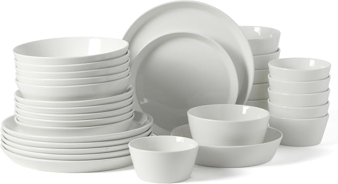 Martha Stewart Selma Plates and Bowls Sets, 30-Piece Porcelain Dinnerware Set for 6, White Dish Set with Dinner Plates, Dessert Plates, Pasta Bowls, Cereal & Fruit Bowls