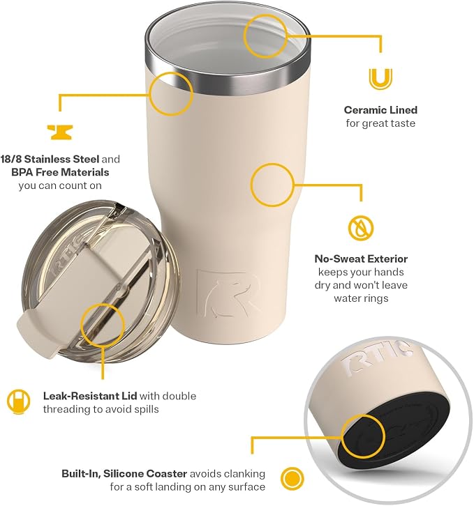 RTIC 20oz Essential Tumbler with Lid, Ceramic Lined, Beach | Insulated, Stainless Steel Metal, Portable Travel Cup for Hot and Cold Drinks, Coffee, Car, Camping and Travel