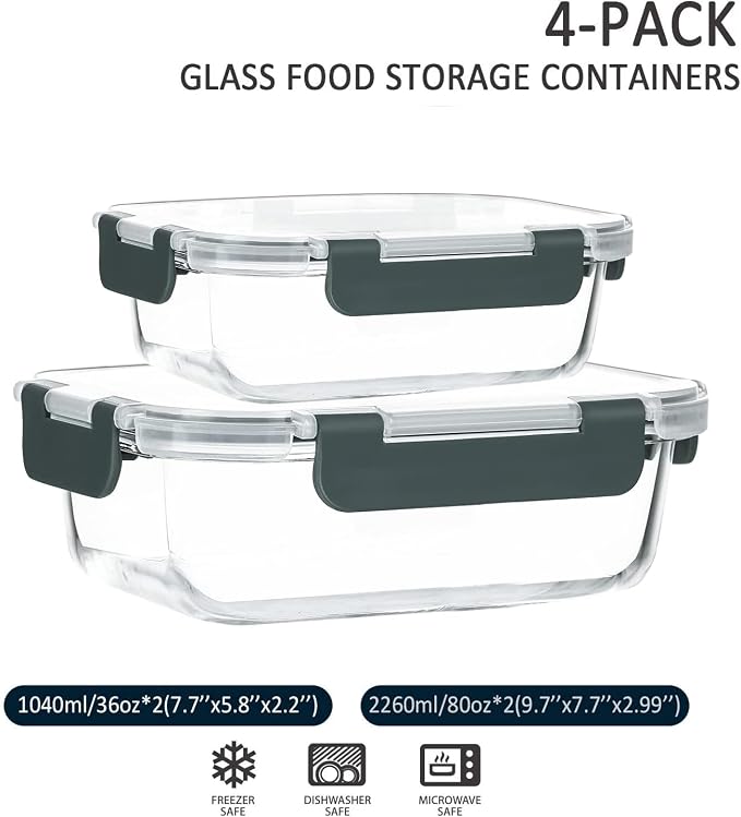 M MCIRCO 80 oz & 36 oz Extra Large Glass Food Storage Containers with Lids | Meal Prep Containers, 2 Pack 80 oz(10 cup) &2 Pack 36 oz (4.5 cup) Baking Containers, Microwave, Oven, Freezer, Dishwasher