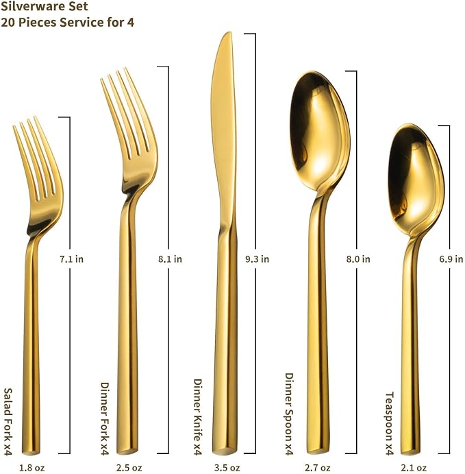 Alata Cube Gold 20-Piece Flatware Set, Forged Cutlery Set, Mirror Finish Silverware Service for 4, Stainless Steel Tableware with Square Handle for Home/Restaurant, Dishwasher Safe