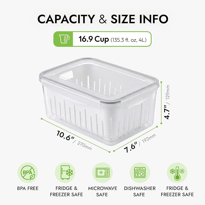 16.9 Cup Produce Saver Container for Fridge with Colander 4.0L | Airtight Fruit & Vegetable Storage Bin, Removable Strainer Basket, BPA-Free, Stackable, White Colander
