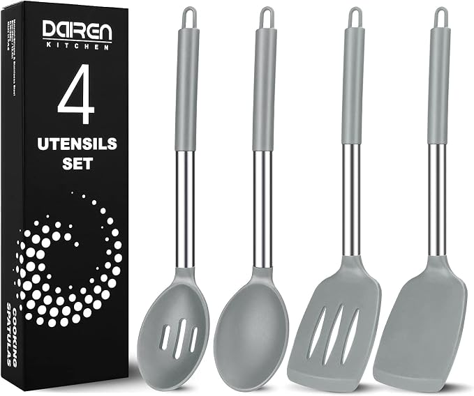 Large Silicone Cooking Spatulas and Spoons, BPA Free, 4 Pack (Grey) | Slotted & Solid Stainless Steel Cooking Utensils Set, Non-stick Heat Resistant Kitchen for Baking, Fried, Stir-Fry, Serving