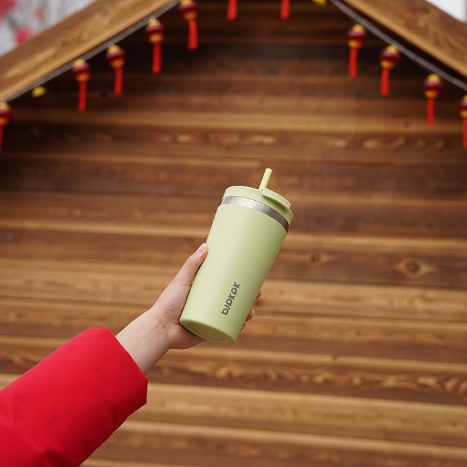 BJPKPK 18 oz Coffee Tumbler with Straw, Insulated Stainless Steel Cup | Double Wall Vacuum, Leak Proof, Keeps Hot/Cold, BPA Free, Dishwasher Safe, Cupholder Friendly, Travel, Macaron Green