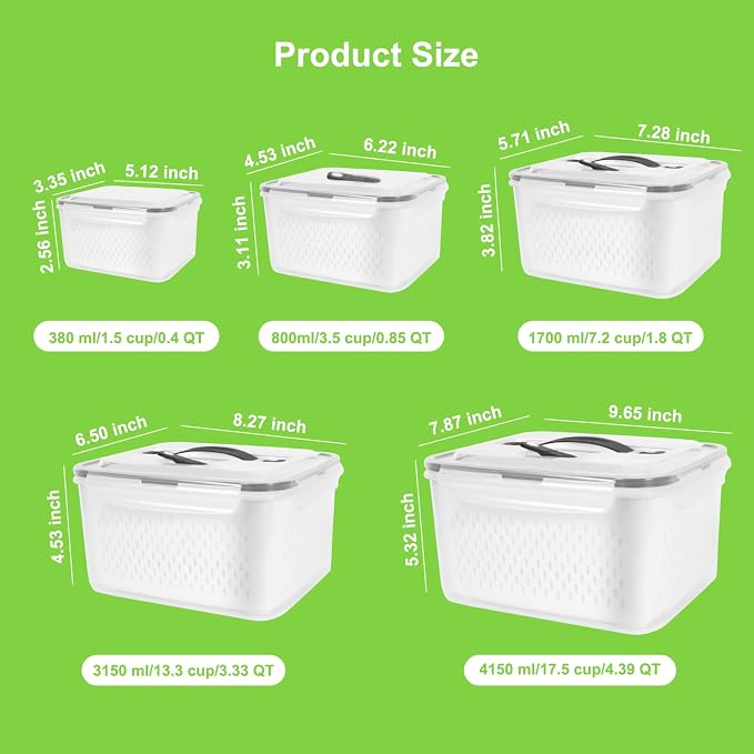 5 Pack Fridge Fruit Storage Containers with Colander, Vent and Handle | BPA Free Plastic, Airtight Stackable Refrigerator Organizer Bins for Berry, Meat, Vegetable
