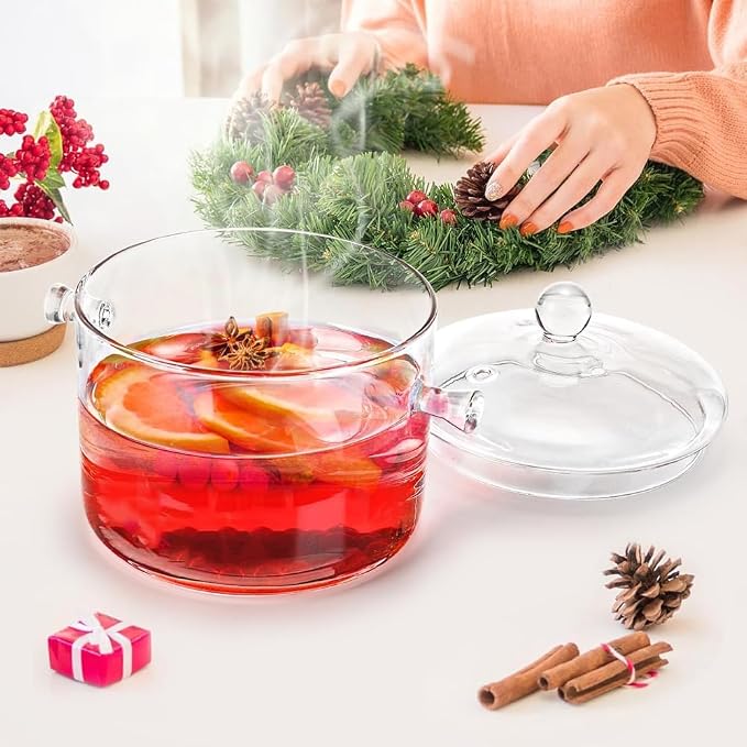 1.9L/64OZ Glass Saucepan with Cover, Heat-resistant Glass Stovetop Pot and Pan with Lid, The Best Handmade Glass Cookware Set Cooktop Safe for Pasta Noodle, Soup (Double-handled pot)