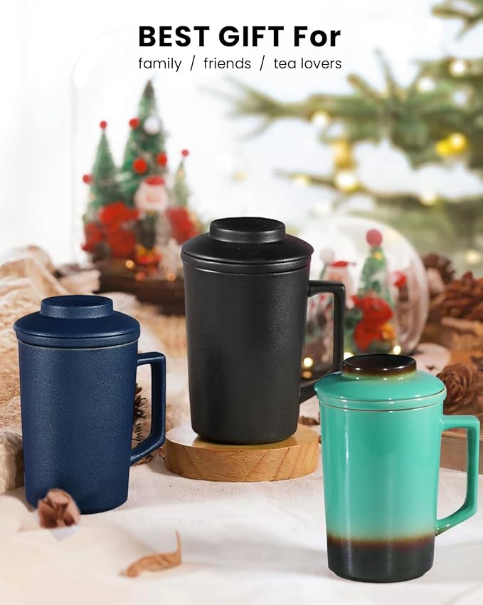 15 oz Ceramic Tea Infuser Cup with Lid - Tea Mug with All Porcelain Strainer for Loose Leaf Teas,Microwave and Dishwasher Safe,Metal-Free,BPA-Free for Tea Lovers/Birthday(Green)