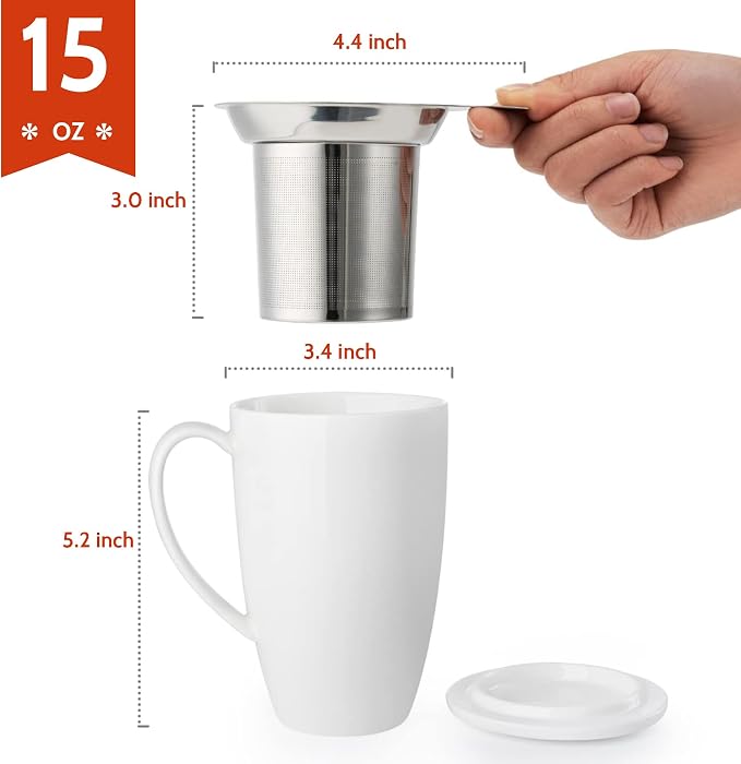 Sweese 15oz Porcelain Tea Mug with Infuser and Lid – Microwave Safe, Ergonomic Handle, Lead-Free Glaze, for Loose Leaf Tea White;