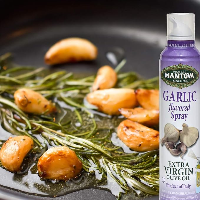 Mantova Extra Virgin Olive Oil Spray Garlic Flavored 8 oz. Spray Bottle - Manage Oil Amount - Great For Salads & Cooking (Pack of 2)