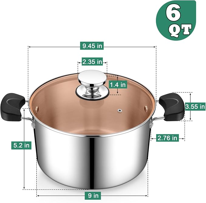 P&P CHEF 6 Qt Stockpot with Lid, Stainless Steel Stock Pot, 3-Ply Metal | Cooking Pot for Soup Pasta, Heat-Proof Double Handles with Visible Lid, Dishwasher Safe & Healthy Use