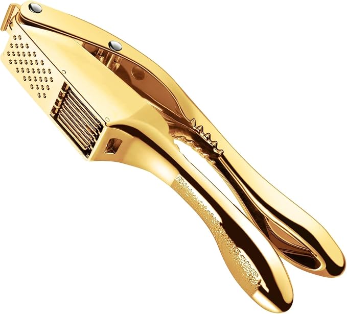 Gold Garlic Press and Slicer 3 In 1 Food Grade Stainless Steel Garlic Mincer Chopper Crusher Garlic Press Kitchen Tool with Garlic Peeler Skin Remover and Clean Brush