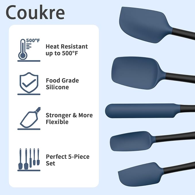 Coukre Silicone Spatula Set of 5,High Temperature Resistant, Food Grade Silicone, Dishwasher Safe, for Baking, Cooking (Dark Blue Black)