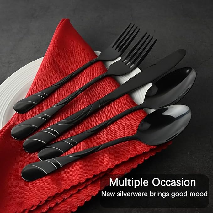 Black Silverware Set for 12, 60-Piece 18/0 Stainless Steel Utensils | Frosted & Mirror Finish Flatware Set, Unique Design Modern Cutlery for Wedding Restaurant Party Event Serving For 12