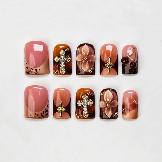 Brown Flower Handmade Press on Nails Short Square 3D Floral & Cherry False Nail Designs Thicked Leopard Print French Tip Fake Nails Full Cover Hand Made Press on Nails for Women (M)