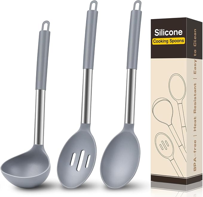 3Pcs Silicone Cooking Spoon Set, Kitchen Utensils Include Solid & Slotted Spoon, Soup Ladle, Food-Grade Heat Resistant 446°F, Non-Scratch Spoons for Serving, Stirring, Draining, Dishwasher Safe, Gray