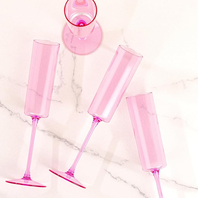 YOUBET 24Pack Pink Plastic Champagne Flutes 6 oz | Clear Pink Champagne Disposable Glasses - Square Plastic Toasting Glasses for Anniversary Party Birthday Wedding