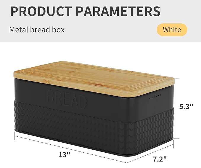Bread Box for Kitchen Countertop,Metal Bread Storage Bin with Bamboo Cutting Board Lid, Includes Bread Knife, Fits Sourdough & Buns, Stylish Organize (Black)