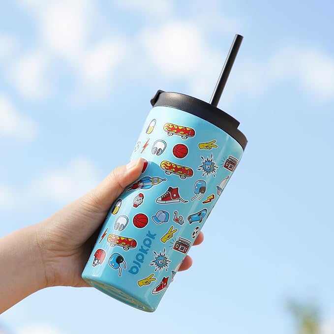BJPKPK 22 oz Coffee Tumbler with Straw, Insulated Stainless Steel Cup | Double Wall Vacuum, Leak Proof Lid, Keeps Hot/Cold/Iced, BPA Free, Cupholder Friendly, Travel, Playground