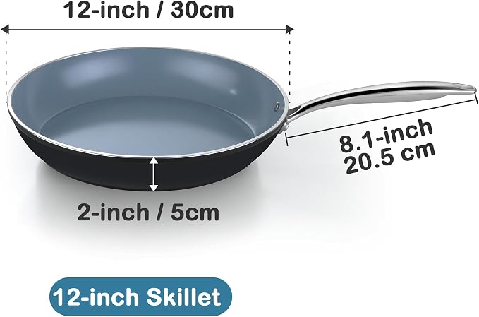 Cook N Home Classic 12 Inch Ceramic Nonstick Frying Pan, Cookware Skillet Egg & Omelet Pan, Induction, Oven Safe, Black