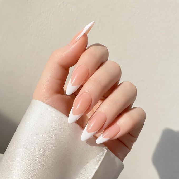 10pcs White French Tip Handmade Press on Nails Long Stiletto Fake Nails with Pure Color Design Salon Quality Acrylic Nail Glossy Nude Stick on Nail for Women (S)