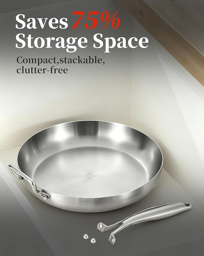 12-Inch Tri-Ply Stainless Steel Frying Pan with Lid | Medium Size | Detachable Handle | Induction Compatible | Oven & Dishwasher Safe | Ideal for Frying, Sautéing & Simmering | Serves for 3-4