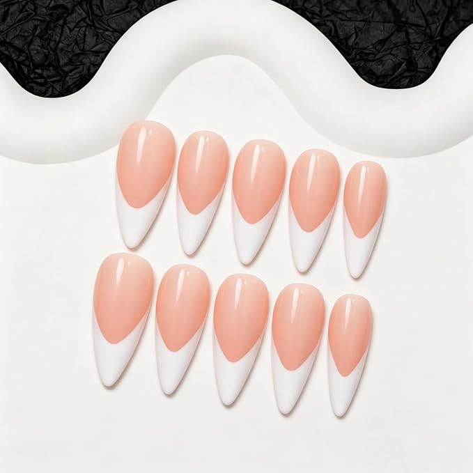 10pcs White French Tip Handmade Press on Nails Long Stiletto Fake Nails with Pure Color Design Salon Quality Acrylic Nail Glossy Nude Stick on Nail for Women (M)