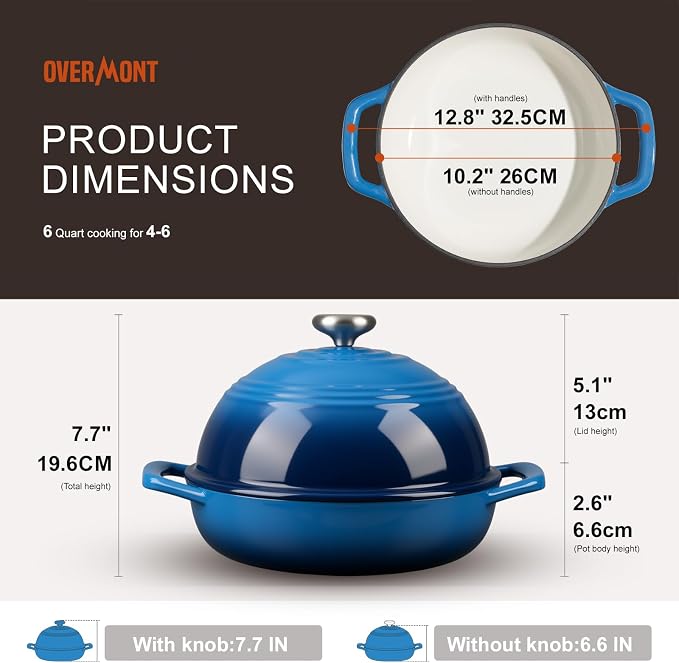 Overmont Enameled Cast Iron Dutch Oven, 6QT Bread Oven with Dome Lid Recipe | Tall Bread Pot with Potholders, for Sourdough Bread Baking Artisan Loaves, Crispy Crust & Better Oven Spring, 500°F Oven Safe