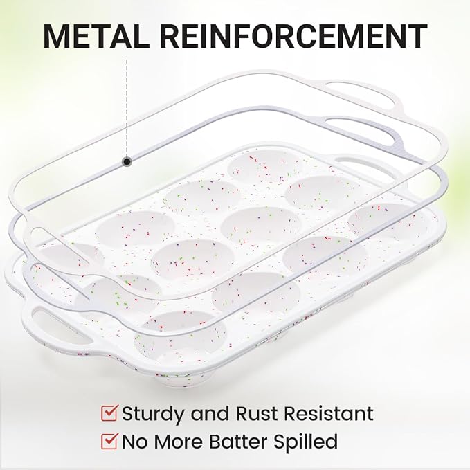 CAKETIME 12 Cups & 24 Cups Silicone Muffin Pan with Metal Frame, Regular & Mini Muffin Pan Set for Baking 2 Pack