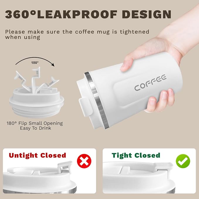 SPLMIFA Travel Coffee Mugs Leak-Proof, Reusable Coffee Cups with Lids, Stainless Steel Vacuum Insulated Coffee Tumblers, Thermal Insulation Cups for Men and Women Hot & Cold Drinks(2nd-White, 17OZ)