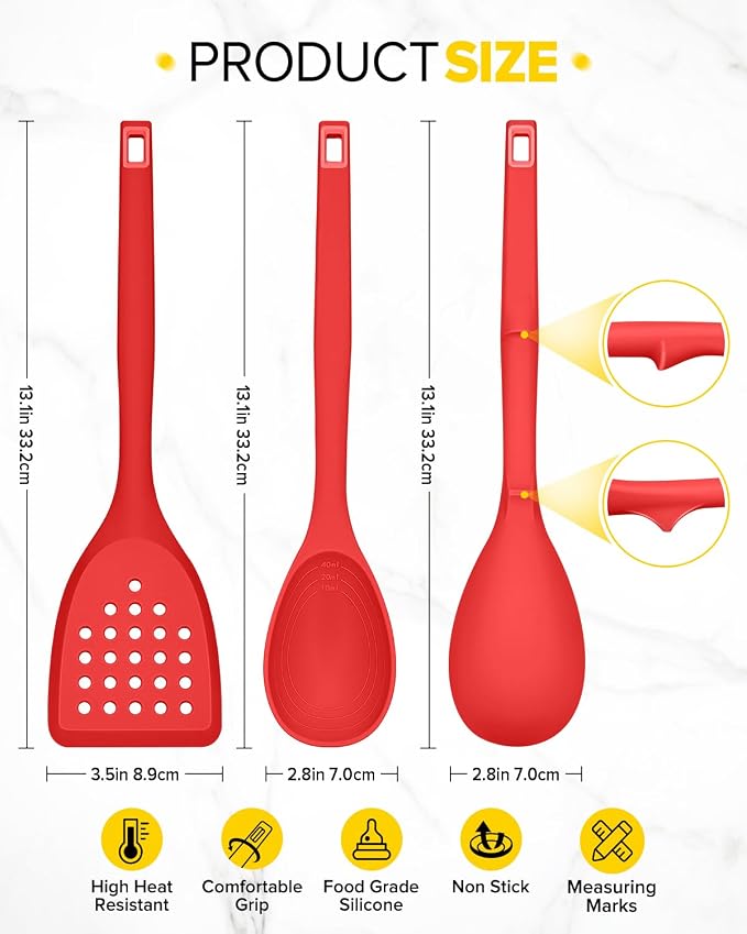 Pack of 4 Silicone Cooking Utensils Set, Non Stick Solid Spatulas and Heat Resistant Slotted Spoons with Back Hooks, Ideal BPA Free Kitchen Utensils Set for Frying,Serving,Turning,Stirring (RED)