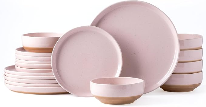 AmorArc Dinnerware Sets for 6, 18 Pieces Ceramic Plates and Bowls Set | Scratch Resistant Stoneware Dishes Set, Dishwasher & Microwave Safe, Cloud Pink