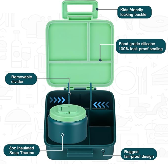 MAISON HUIS Bento Lunch Box with 8oz Soup Thermo, 5-Compartment Leak-Proof Container, Thermo Hot Food Jar and Insulated Lunch Bag, BPA Free,Travel, School (Green)