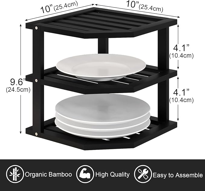 VERTORGAN 3 Tier Bamboo Dish Drying Rack,Corner Shelf 2 Pack(Black) | Pantry Storage,Dish Rack,Spice Rack,Corner Organizer,Kitchen Counter Shelves,Kitchen Storage,Holds Plates
