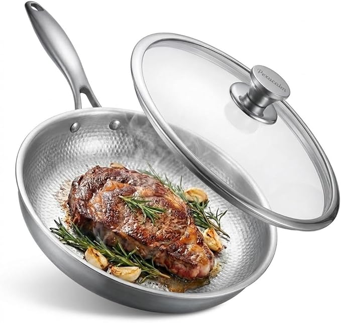 10" Titanium Frying Pan with Lid, Non-Stick Hammered Skillet | 3-Ply Heats Fast & Evenly, PFAS/PFOA/PTFE Free, Scratch-Resistant, for Induction & Gas, Oven-Safe to 500°F, Dishwasher Safe