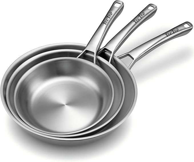 VocVoi Tri-Ply Stainless Steel Frying Pans Set,PFOA&PTFE Free Skillets,Chef's Pan Set(8+10+12inch) Frying Pans for cooking,Induction Cookware Sets,Dishwasher and Oven Safe Kitchen set