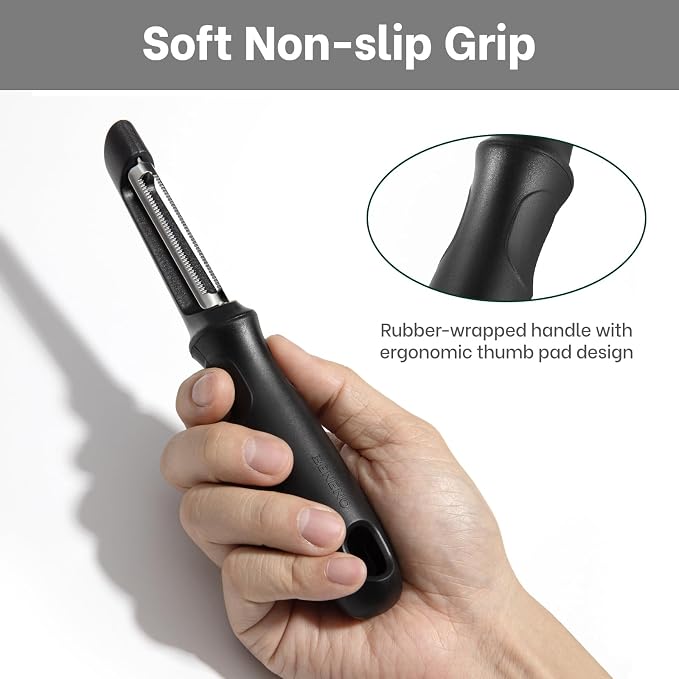 Beneno Stainless Steel Serrated Swivel Tomato Peeler | Sharp Serrated Blade for Effortless Peeling Soft-Skinned Fruits and Vegetables, Soft Grip Handle, Dishwasher Safe, Black