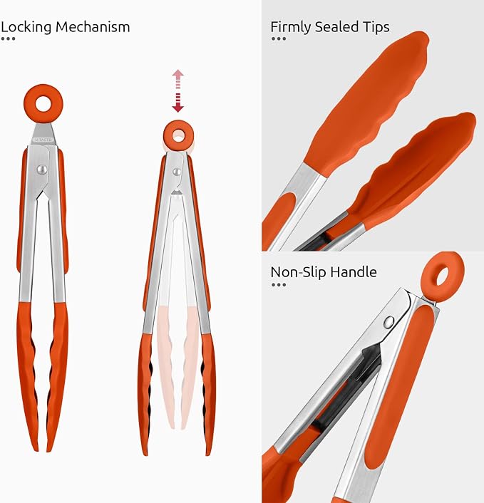 U-Taste Kitchen Tong for Cooking, 600ºF Heat-Resistant Tps, 7in/Orange | Small Mini Silicon Tongs for Serving Food, Short Salad Thong with Non Stick Rubber Tips & 18/8 Stainless Steel Handle