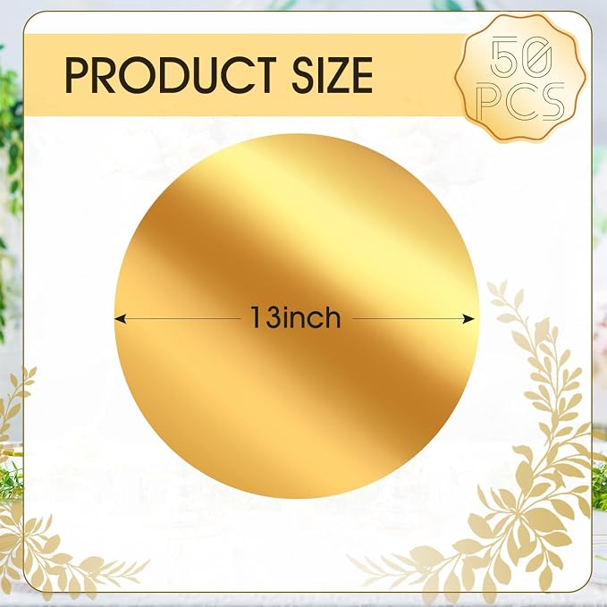 50PCS 13in Round Gold Placemats, Disposable Paper Chargers Plate | Paper Placemats for Dining Table, Mirrored Gold Charger Placemat for Kitchen Banquet Table Setting Wedding Birthday Party