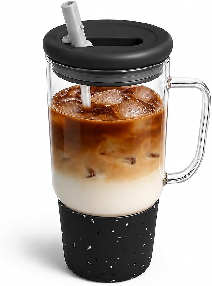 40oz Glass Tumbler with Flip Straw Lid, Handle, Silicone Sleeve, Black | Leakproof Lid, Fits Car Cup Holder Glass for Iced Coffee, Water, Cold Drinks, Travel, Outdoor, Partys&Home
